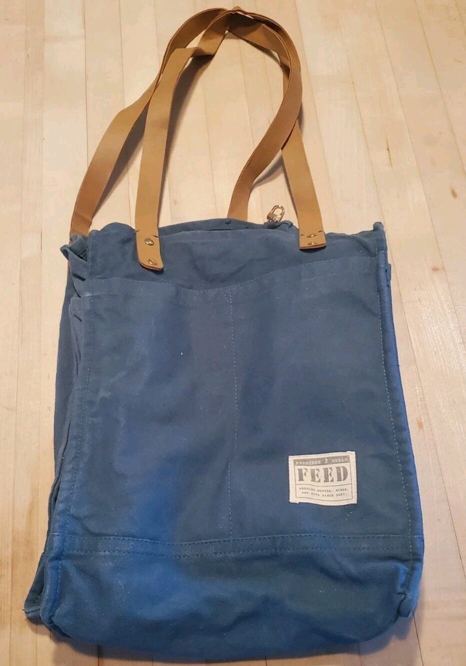 Blue Green FEED Canvas Tote Bag Soft Groceries Shopping Leather Like Straps